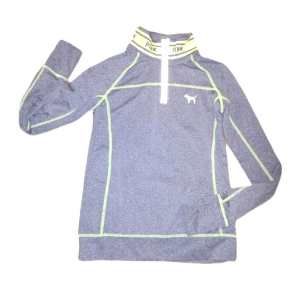 VS PINK Gray & Green Quarter Zip Long Sleeve Athletic Pullover Top Size XS‎